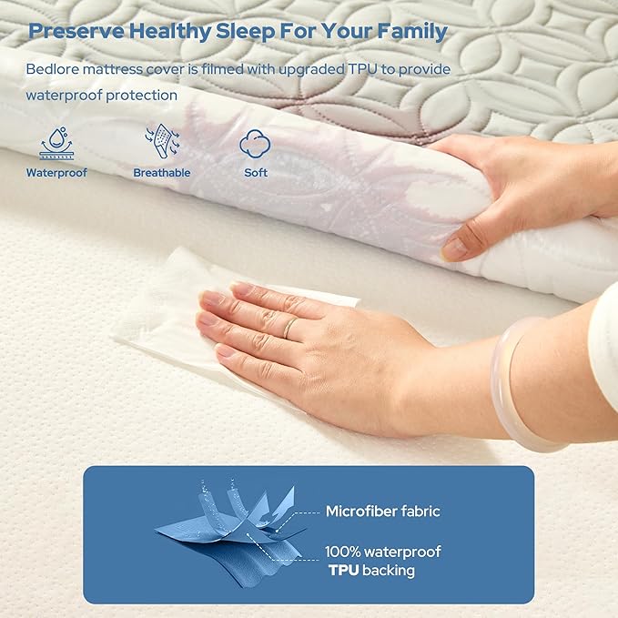 BEDLORE Waterproof Mattress Protector, Cal King Size Mattress Pad with Deep Pocket 6"-18" Depth, Soft Dirt-Proof Double Bed Mattress Cover for Bedroom, College Dorm, Hotel (Light Gray)