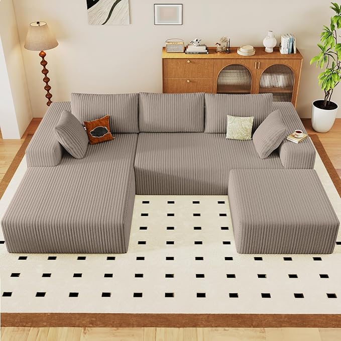 96" W Cloud Sectional Couch with Ottoman,Modern U-Shaped Cloud Couch with Deep Seat,Comfy Corduroy 3-Seater Sofa,Memory Foam Sofa for Living Room,No Assembly (Camel,Left-Facing Chaise)