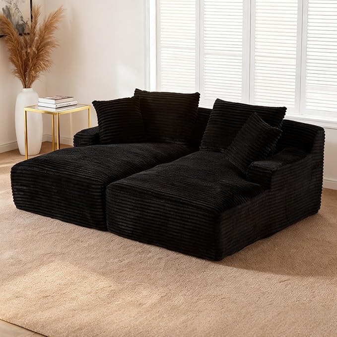 VEPXXP 80" Double Chaise Lounge Chair Indoor, Oversized Boneless Couch Comfy Upholstered Sleeper Sofa Bed with 4 Pillows, Corduroy Cloud Loveseat Chair for Living Room No Assembly Required, Black