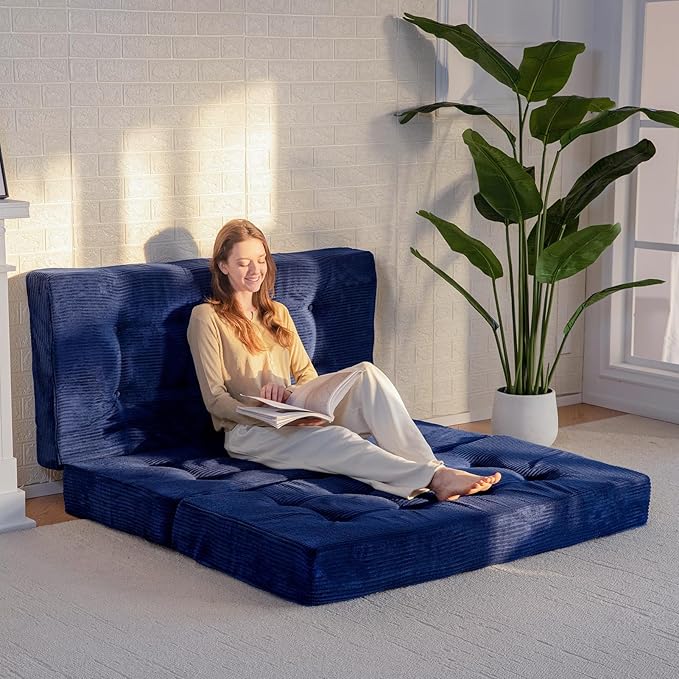 MAXYOYO Tri-Fold Mattress, 6 Inch Tufted Folding Futon Foam Bed, Foldable Floor Mattress Guest Bed Futon Topper Portable Camping Sleeping with Corded Fabric, Navy, 59"x79"