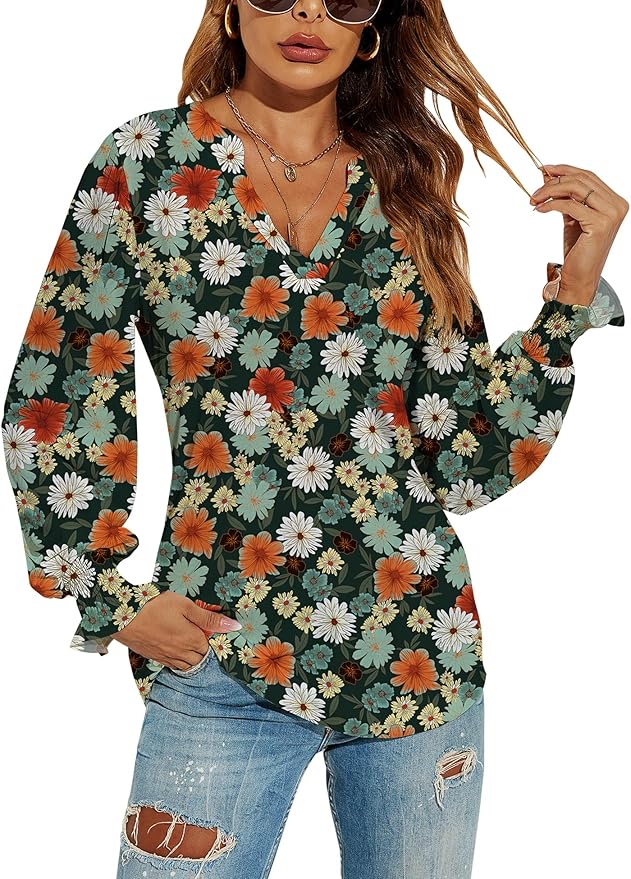 Romanstii Women's Casual V-Neck T-Shirts Loose Puff Long Sleeve Tops Tunic Blouses