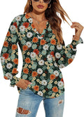 Romanstii Women's Casual V-Neck T-Shirts Loose Puff Long Sleeve Tops Tunic Blouses