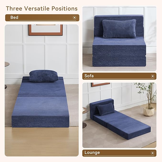 Folding Sofa Bed Convertible Floor Couch Foldable Chair Bed with Pillow，Linen Sleeper Chair Futon,Foldable Memory Foam Mattress for Bedroom/Living Room/Dorm/Office (Corduroy Navy, Single)