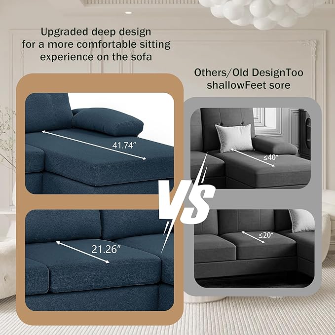 Chireca 111" Sectional Couch for Living Room, Modern Polyester Fibre U Shaped Sofa Couches with Double Chaise, Upholstered 4 Seater Sofa for Living Room, Apartment, Office, Blue