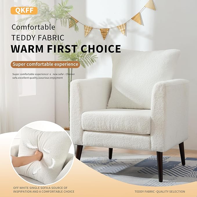 QKFF Barrel Accent Chair with Back Pillow, Large Teddy Upholstered Armchair with Solid Wood Legs Modern Reading Chairs for Living Room Bedroom