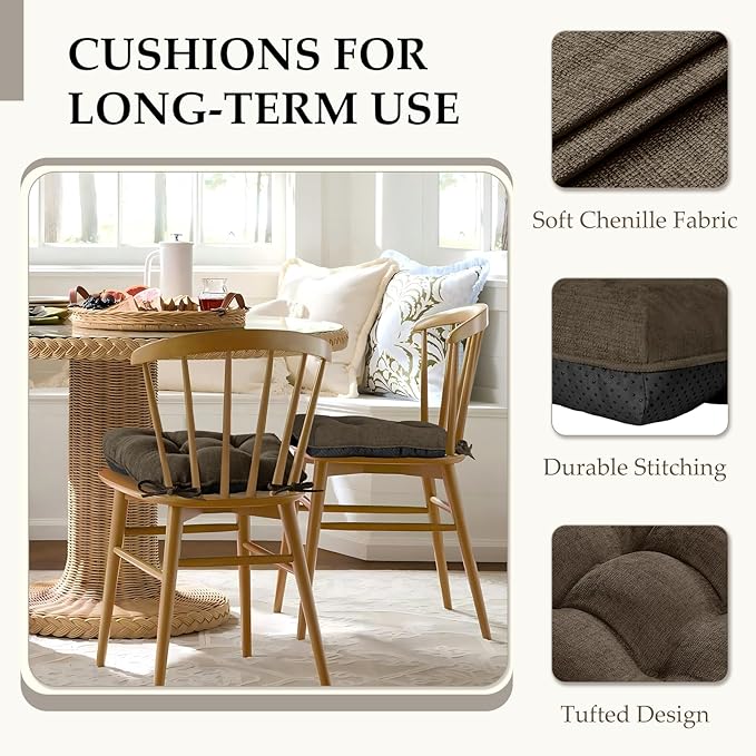HARBOREST Chair Cushions for Dining Chairs Set of 4 - Chenille Tufted Kitchen Chair Cushions with Ties and Non-Slip Bottom, Foam Chair Pads for Dining Chairs, 17" x 17", Brown