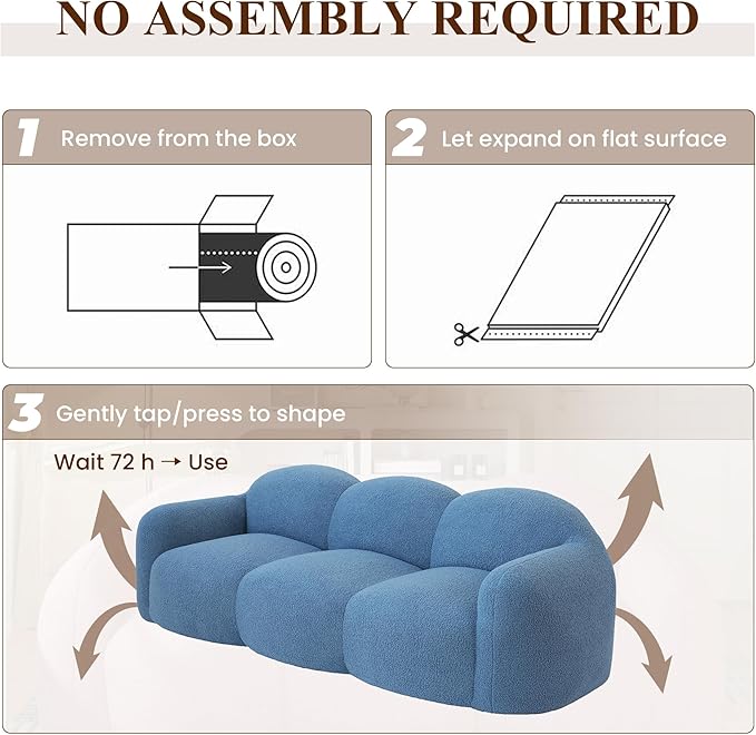WJShome 90" Modern Curved Upholstered Cloud Couch, Deep Seat 3 Seater Bubble Couch, Cozy Boneless Plush Teddy Velvet Couches for Living Room, Bedroom, Apartment (Blue)