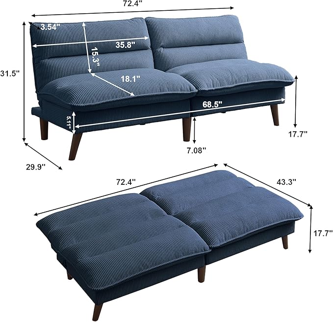 Convertible Futon Sofa Bed, 72" Futon Couch with Adjustable Back, Upholstered Sleeper Sofa Bed for Living Room, Apartment, Small Space, Blue