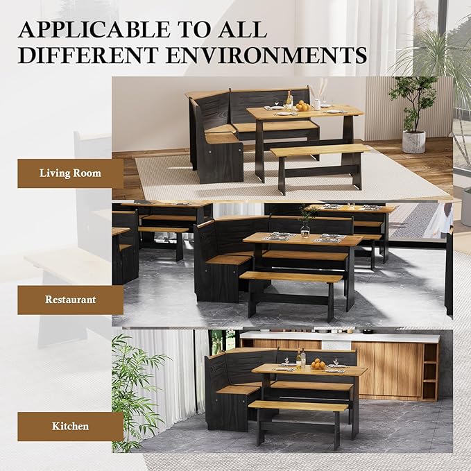 Breakfast Nook Table Set – L-Shaped Corner Dining Bench Set, Kitchen Nook Booth Dining Table, Space-Saving Banquette Seating for Apartment or Dining Room, Modern Black Wood Corner Table Set