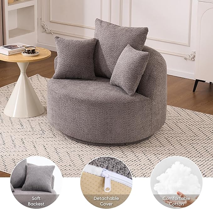 Yoglad 38.58'' Swivel Round Chair, Comfy Boucle 360° Accent Chair with Thick Cushion, Oversized Modern Single Sofa with 3 Pillows, Soft Armchair for Nursery, Living Room, Bedroom, Office (Grey)