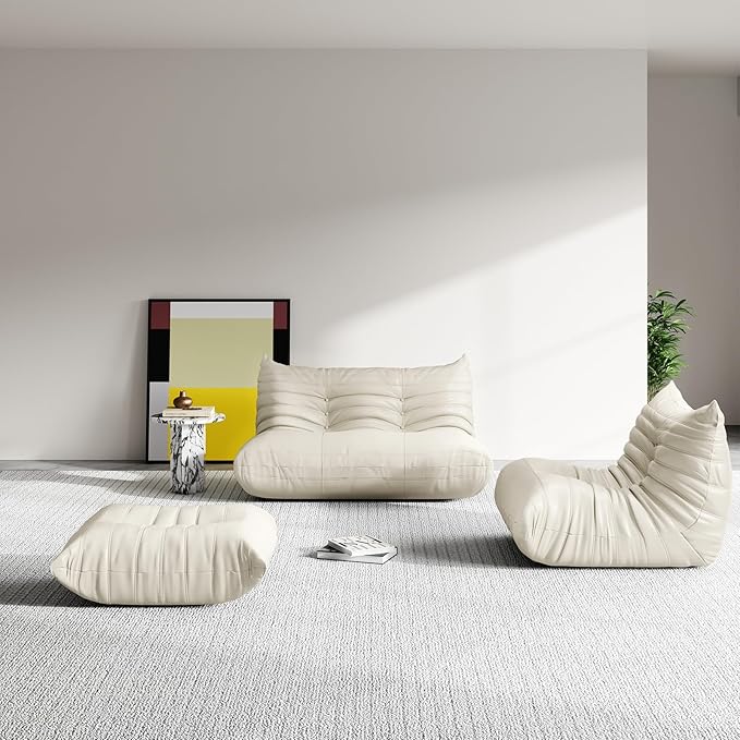 Foam Bean Bag Chairs for Adults,Big Faux Leather Bean Bag Lounger Couches, Modern Sofa,Floor Lazy Sponge Couch for Living Room Bedroom Dorm Office,Cream White