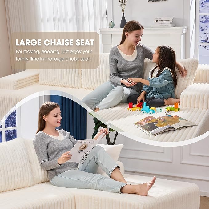 Modular Sectional Sofa Couches L-Shape Couch 3 Seat Modular Sofa Memory Foam Sectional Couches for Living Room, Cloud Couch with Oversized Chaise (White Stripe, 96" Right Facing Chaise)