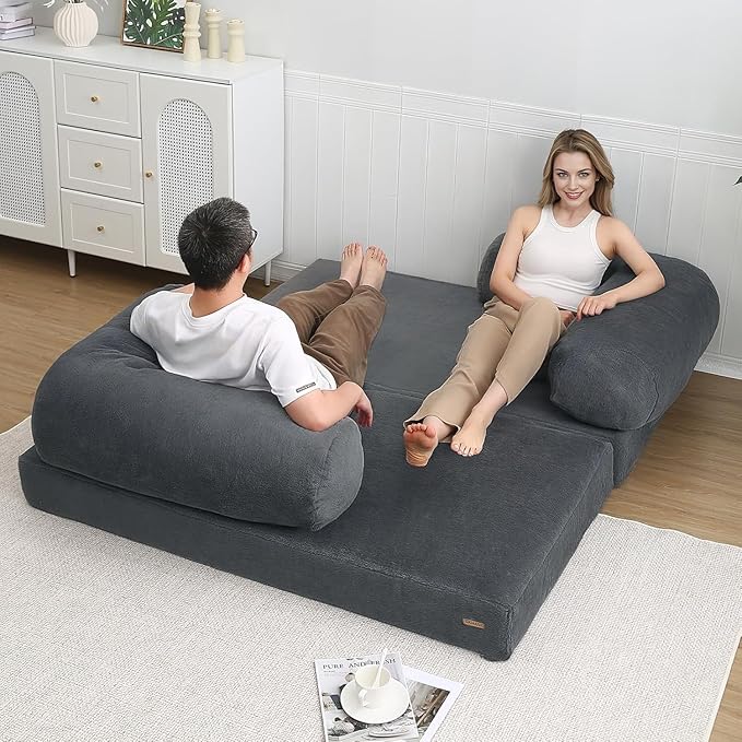 COMAX Folding Sofa Bed Queen, Foldable Couch Bed, Fold Out Futon Chair Sleeper for Adults, Convertible Floor Mattress Sofa for Bedrooom Living Room Guest Room, Faux Fur Dark Grey