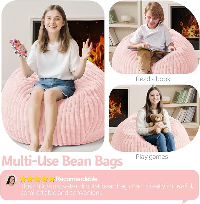 Homguava 2FT Bean Bag Chair, 2' Small Bean Bags with Memory Foam Filled, Beanbag Chairs with Machine Washable Cover Dutch Corded Plush Cover for Classroom,Living Room,Bedroom-Soft Pink