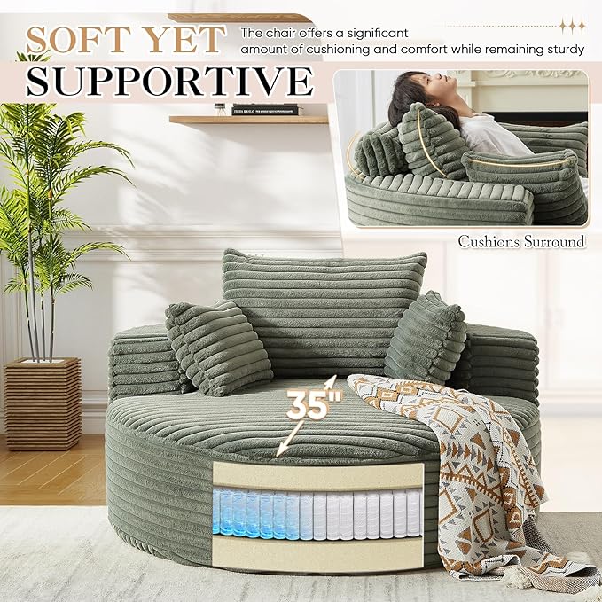 JEEOHEY Modern Round Accent Sofa Chair for Living Room, Upholstered Corduroy Barrel Lounge Arm Chair with Large seat&Throw Pillows for Bedroom, Office, Apartment, Green