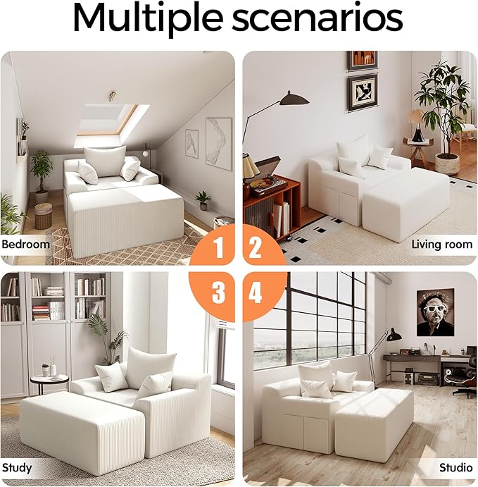 LSSBOUGHT 60'' Chaise Lounge Chair Indoor, Oversized Upholstered Sofa Bed, Sleeper Couch Reading Chairs Plush Corduroy Fabric Sofas Couches for Living Room (Beige)