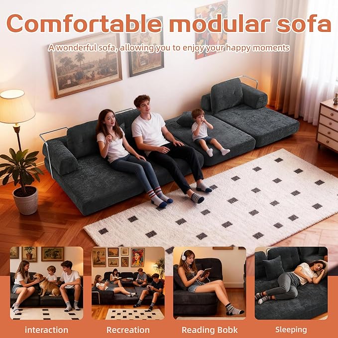 SUYOLS L Shaped 104" Modular Sectional Sofa Bed with Pillows, 8-in-1 Convertible Couch, Sturdy Stainless Steel Frame,Removable Washable Cover,High Resilience Sponge,for Living Room,Apartment,Dark Gray