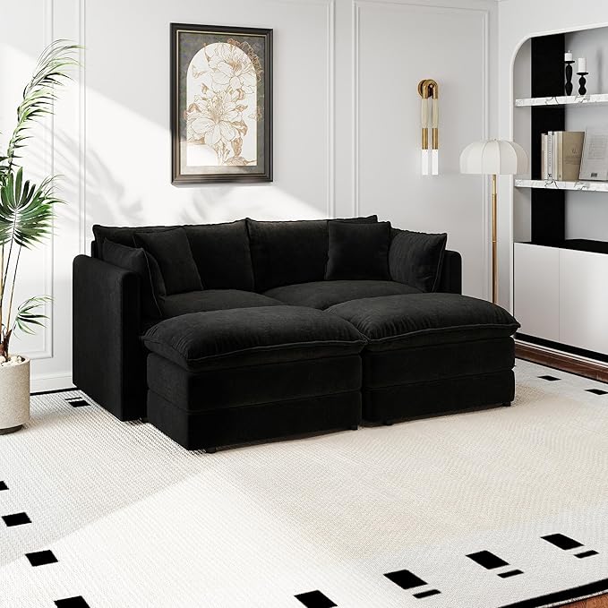 Aoowow Modular Sectional Sofa Modern Convertible Loveseat Couch,77.16 Inch Deep 2-Seater Sofas Comfy Chenille Cloud Sofas and Couches Set with 2 Movable Ottoman for Living Room Apartment（Black）