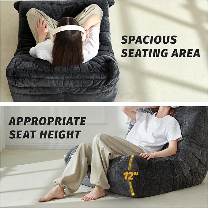 Homguava Bean Bag Chair, Giant Beanbag Chairs for Adults, Memory Foam Fireside Chair, Large Lazy Floor Sofa, Sofa Couch with High-Rebound Foam, Lounge Chair for Living Room, Bedroom (Grey, Single)