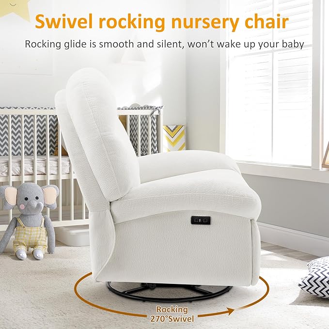 VANOMi Power Recliner Chair with Charging, 270° Swivel Glider Rocker, Electric Nursery Recliner for Living Room, Bedroom, and Office, White, Sets of 2