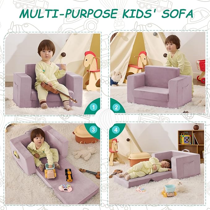 Kids Couch, 2-in-1 Toddler Chair Comfy 1-3 Years, Convertible Kids Chair, Toddler Couch That Fold Out, Kid Lounge Chairs for Boys and Girls, Soft Coral Fleece, Single, Purple