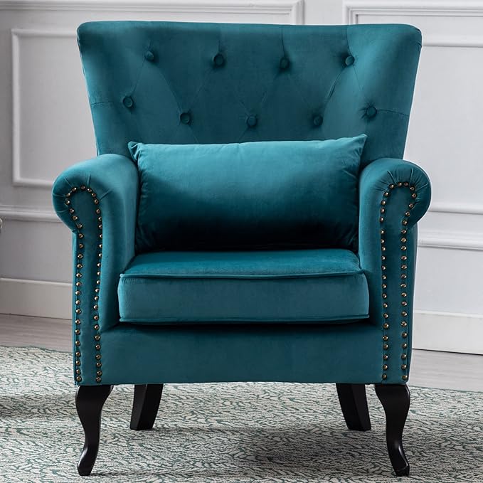 Janoray Mid Century Modern Accent Chair Upholstered Armchair Comfy Velvet Fabric Single Sofa with Tufted Wingback for Small Spaces Bedroom Living Room, Teal