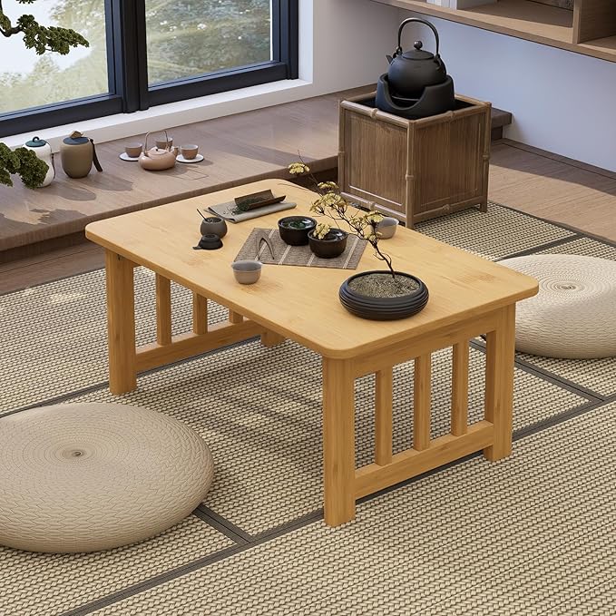 JNNXZZ Japanese Folding Coffee Table,Foldable Low Table for Sitting,Bamboo Collapsible Floor Tea Table,Portable Versatile Meditation Table for Tatami Living Room Home Office Apartment (Wood Color)