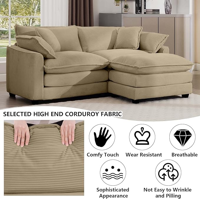 Aoowow Corduroy Loveseat Couch with Ottoman,Modern 2 Seater Cloud Couches for Living Room,Modular Sectional Cloud Sofas Deep Seat,Oversized L-Shaped Couch for Small Spaces (Tan, 2 Seater + 1 Ottoman)