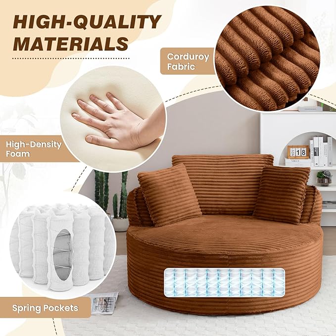 53"W Oversized Round Chaise Longue Chair Indoor,Corduroy Fluffy Comfy Cloud Chair,Circle Bean Bag Sofa with Foam Filling & Pillows,Boneless Reading Cozy Sofa Chairs for Living Room,Bedroom,Orange