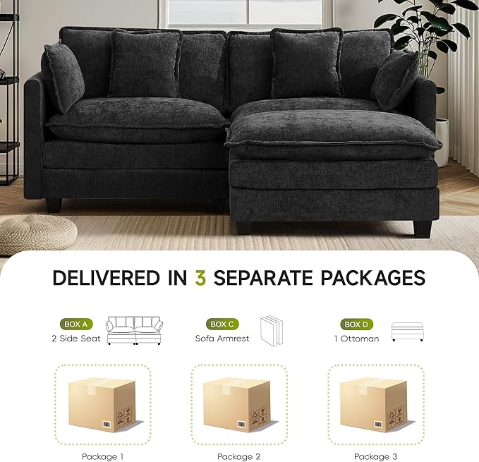 UMBFUN Cloud Couch Loveseat with Ottoman, Oversized Comfy Modular Sectional L Shaped Sofa with Deep Seat Cushions, Chenille 2-Seater Lounge Set for Living Room, Dark Grey