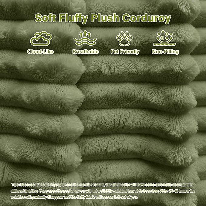50" W Oversized Round Chaise Lounge Chair with Ottoman Indoor Boneless Plush Fluffy Corduroy Circle Couch Soft Comfy Cozy Cloud Reading Chair for Living Room, Playroom, Bedroom - Green