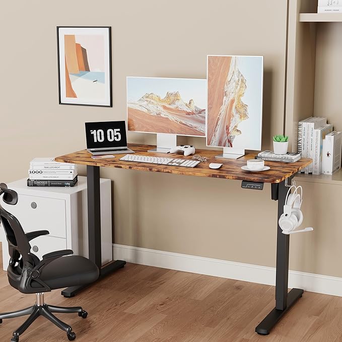 LongKe Electric Standing Desk Adjustable Height, 48x24 Inches Sit Stand up Desktop for Home Office, Ergonomic Rising Computer Table with Memory Preset,Rustic Brown,