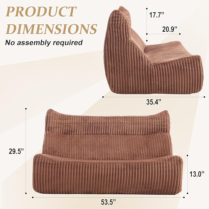 Bean Bag Chairs, Giant Bean Bag Chair for Adults, Memory Foam Lounge Chair, Comfy Lazy Floor Chair, Bean Bag Sofa for Living Room, Bedroom and Office, Loveseat Bean Bag (Brown)