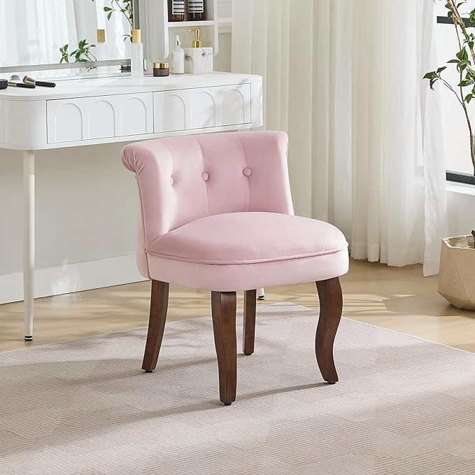 WUTUTUEE Velvet Tufted Vanity Chair with Back, Upholstered Mid Century Vanity Stool with Solid Wood Legs, Small Makeup Chair for Vanity, Accent Chair for Bedroom, Living Room, Pink