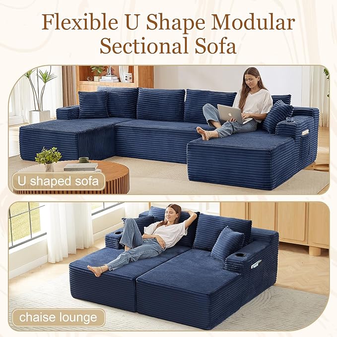 134 Inch Modular Sectional Sleeper Sofa, Boneless Cloud Couch for Living Room, U Shaped 5 Seat Sofa with 2 Storage Pockets& 2 Cup Holders, Free Combination, No Assembly Required (Blue)