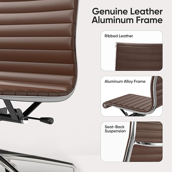 OTDMEL Armless Ribbed Office Desk Chair with Top Grain Leather, Mid Back Ergonomic Swivel Room Chair, Adjustable Height 5-Star Base, Brown