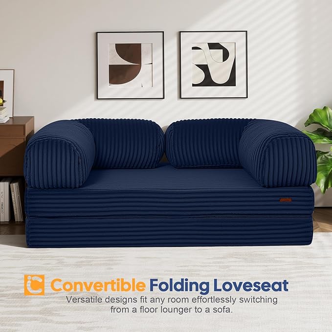 COMAX Futon Sofa Bed, 4-in-1 Floor Foldable Sofa Couch Bed Queen with L-Shaped Armrests, Convertible Folding Chair Bed Sleeper Mattress Fold Out Comfy Lounge for Living Room Bedroom, Faux Fur Navy