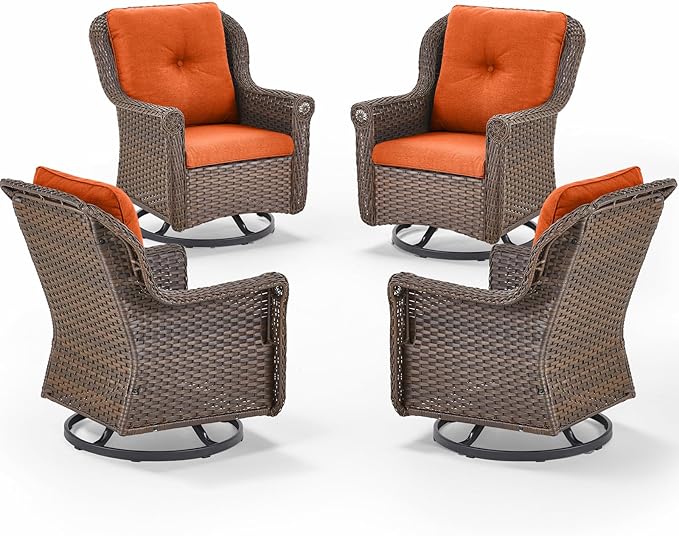 ACTREST Patio Chairs Outdoor Swivel Glider - Set of 4 High Back Outside Brown Wicker Rattan Rocking Chair with Thick Cushion for Porch Apartment Deck Yard Poolside Garden - Orange