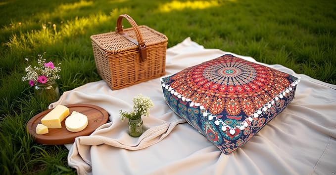 CRAFT KALA Large Hippie Mandala Meditation Floor Ottoman Pillow Cushion Pouf Cover Square Poufs Bohemian Circle Floor Cushion Case Outdoor Fireplace Yoga Living Room Decor Cover Orange, 16" Square