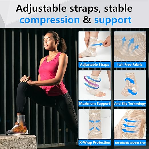 DRNAIETY 2 Pack Copper Ankle Brace for Men & Women - Adjustable Ankle Support Compression Sleeve, for Plantar Fasciitis, Achilles Tendonitis, Foot Pain, Swelling - Everyday Use(Skin Tone,L)