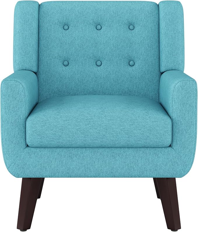 Accent Chair Set of 2, Mid-Century Modern Upholstered Living Room Armchair, Comfy Linen Fabric Single Reading Arm Chair with Tufted Back and Wood Legs for Bedroom, Club (2, Lake Blue)