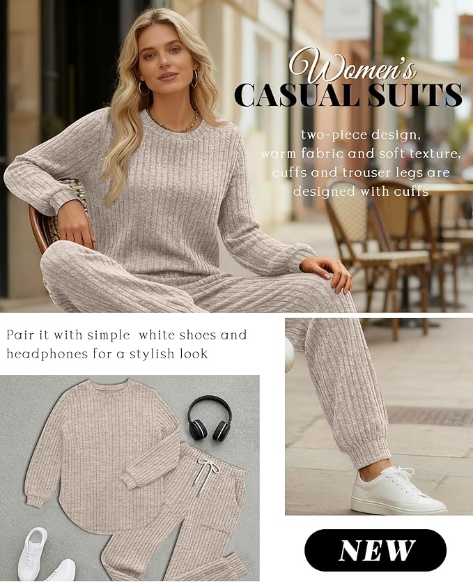 Sweetyweee Women's Ribbed Knit Lounge Sets 2 Piece Outfits Long Sleeve Pajamas Set Loungewear Sweatsuits Fall Pjs with Pocket