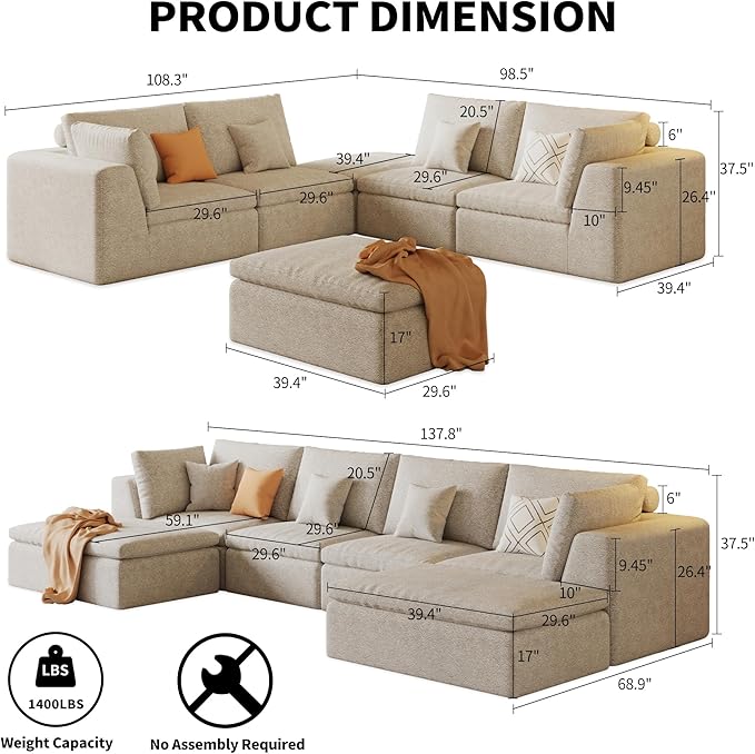 138" Modular Sectional Sofa with Deep Seat,Oversized U-Shaped Cloud Couch for Living Room 4-Seater with 2 Ottomans, Boneless Memory Foam Teddy Fleece Sofa,No Tools Assembly Required(Beige,2 Ottomans)