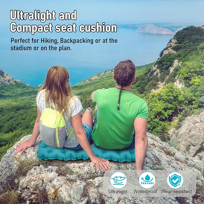 BreezCamp Inflatable Seat Cushion, Lightweight Stadium Seat Pad, Camping Accessories Chair Pad for Airplane Travel, Hiking, Climbing, Home and Office,Peacock Blue