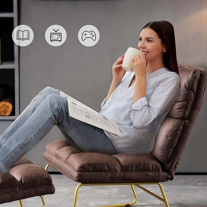 MCombo Accent Chair with Ottoman Set, Modern Armless Chair for Living Room, Bedroom, Small Space 4013 (Heat-Stamped Fabric, Dark Brown)