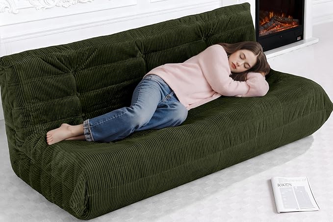 Bean Bag Chair,Giant Beanbag Chairs for Adults,Comfy Large Fireside Chair Lazy Sofa,Corduroy Bean Bag Lounger with Memory Foam Filled,Floor Sofa Couch for Home,Living Room (Green, 3-Seater)