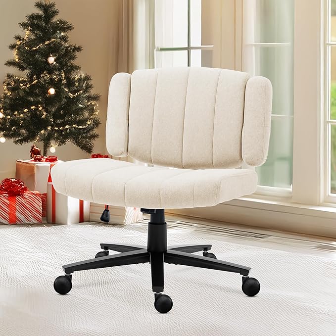 Vigosit White Criss Cross Office Chair with Wheels, Ergonomic Wide Seat Vanity & Dressing Table Chair, Adjustable Arms Swivel Rolling Desk Chair for Women, Comfortable Cross-Legged Support