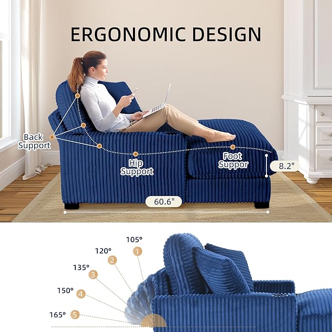 Oversized 60" Chaise Lounge Chair with Adjustable Backrest, Solid Wood Frame Corduroy Upholstery, Cup Holder USB & Type-C Port, 2 Pillows Sleeper Couch Deep Seat for Living Room, Bedroom, Blue