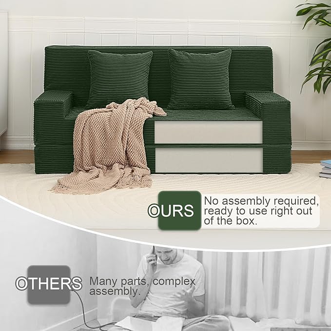 MeMoreCool Boneless Folding Sofa Bed, Corduroy Convertible Sleeper Chair, Foldable Foam Mattress Chair, Comfy Fold‑Out Futon Couch Bed, Large Floor Sofa Couch for Living‑Room Guest Dark Green