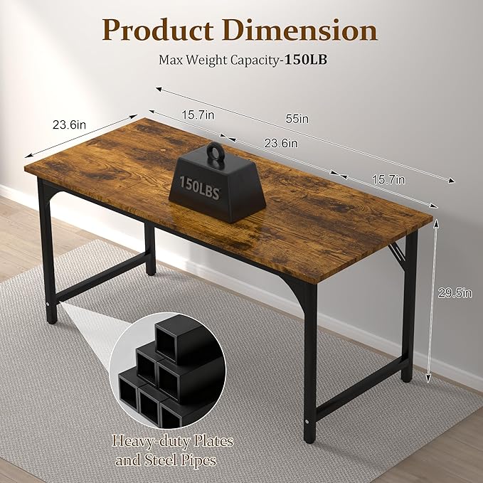 55 X 23.6 inch Computer Desk, Office Desk with Deeper & Thicker Desktop, Modern Simple Study Table with Sturdy Metal Frame & Large Legroom, Study Writing Work Desk for Home Office, Bedroom